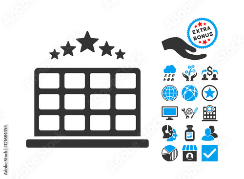 Hotel Stars pictograph with bonus design elements. Vector illustration style is flat iconic bicolor symbols, blue and gray colors, white background.