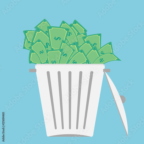 Large trash bin overflowing money bill.