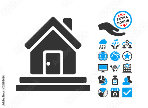 House Front Door pictograph with bonus icon set. Vector illustration style is flat iconic bicolor symbols, blue and gray colors, white background.