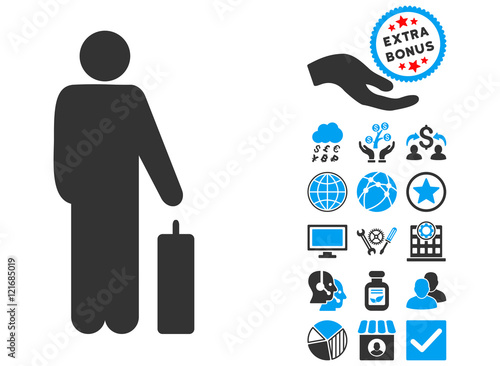 Passenger icon with bonus clip art. Vector illustration style is flat iconic bicolor symbols, blue and gray colors, white background.