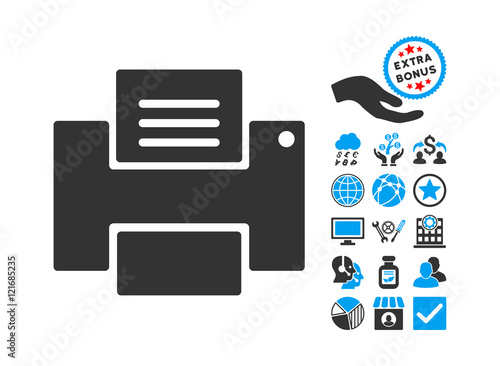 Printer pictograph with bonus images. Vector illustration style is flat iconic bicolor symbols, blue and gray colors, white background.