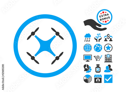Quadcopter icon with bonus elements. Vector illustration style is flat iconic bicolor symbols, blue and gray colors, white background.