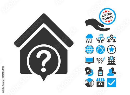 Realty State icon with bonus pictogram. Vector illustration style is flat iconic bicolor symbols, blue and gray colors, white background.