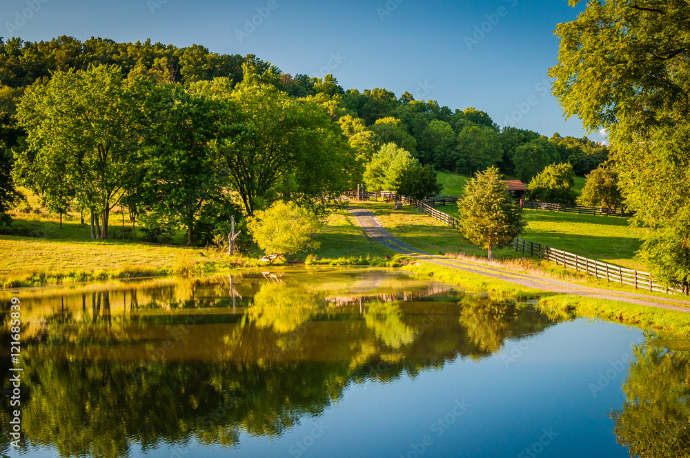 Pond and farm in the rural Shenandoah Valley of Virginia.