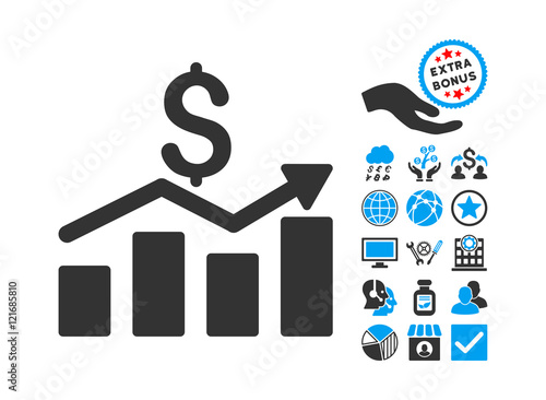 Sales Chart pictograph with bonus pictograph collection. Vector illustration style is flat iconic bicolor symbols, blue and gray colors, white background.