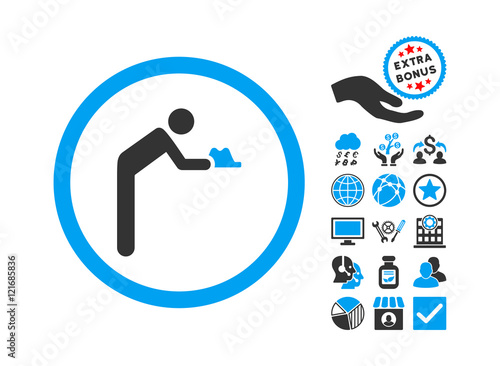 Servant pictograph with bonus symbols. Vector illustration style is flat iconic bicolor symbols, blue and gray colors, white background.