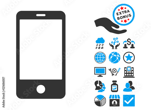 Smartphone icon with bonus pictogram. Vector illustration style is flat iconic bicolor symbols, blue and gray colors, white background.