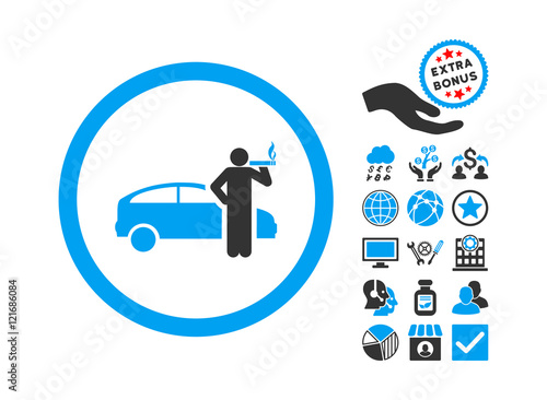Smoking Taxi Driver pictograph with bonus design elements. Vector illustration style is flat iconic bicolor symbols, blue and gray colors, white background.