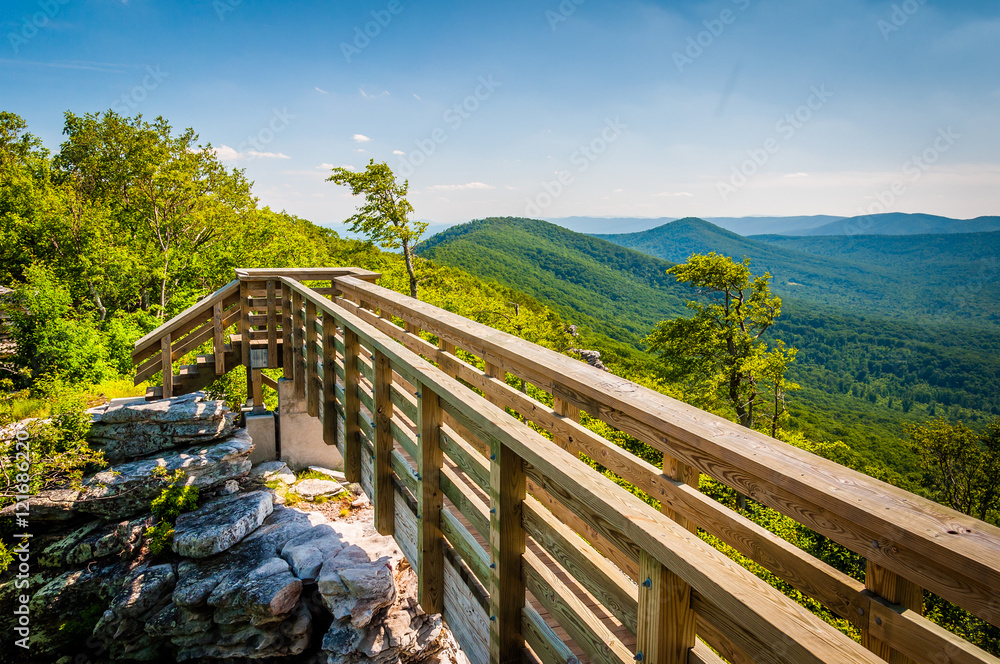 Wooden bridge and view of the Appalachian Mountains from Big Sch