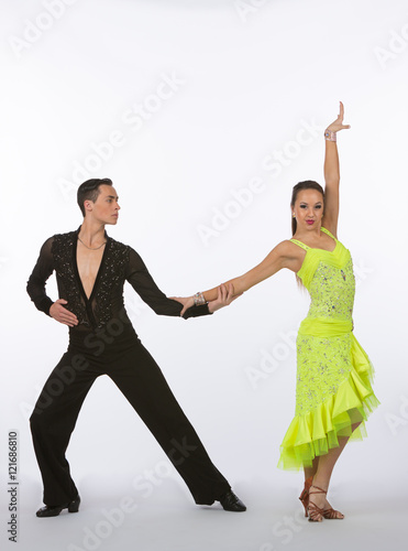 Latin Ballroom Dancers with Neon Yellow Dress - Arm Raised
