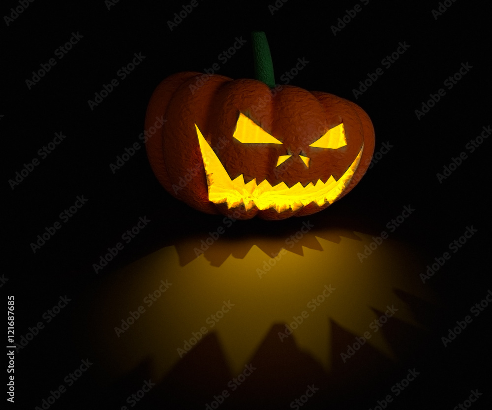 Fototapeta premium 3d render pumpkin lamp on black surface with light and shadow details.