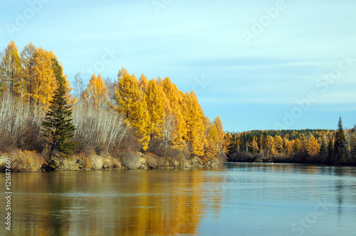bright autumn landsape. blue sky and colorful green, yelow and orage foliage reflect in calm water of river/ © Евгений Кожевников