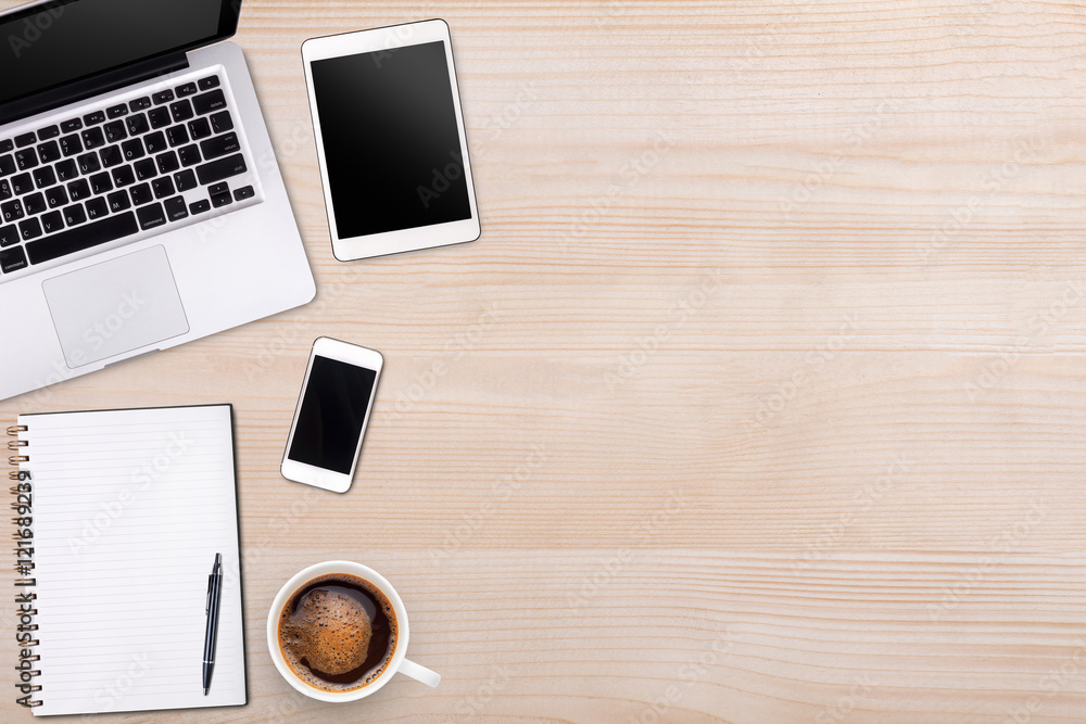 Top view laptop computer or notebook,mobile phone and cup of lat Top view laptop computer or notebook,mobile phone and cup of lat