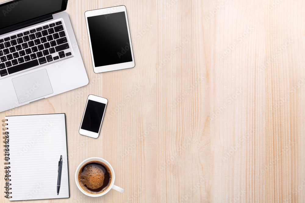 Top view laptop computer or notebook,mobile phone and cup of lat Top view laptop computer or notebook,mobile phone and cup of lat