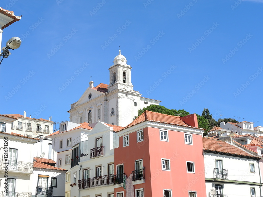 Alfama, the oldest district of Lisbon, Portugal. Its colorful buildings.