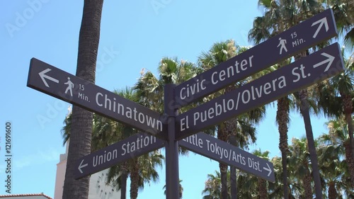 Downtown Los Angeles street sign showing directions to the Los Angeles Union Station, Civic Center, El Pueblo, Chinatown, Little Tokyo and LA Arts District 