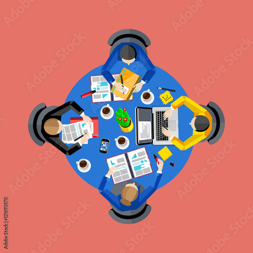 Teamwork concept with space for text. Workspace background, vector illustration. Top view of group of four people working at round office desk. Business workplace. Collaboration and partnership