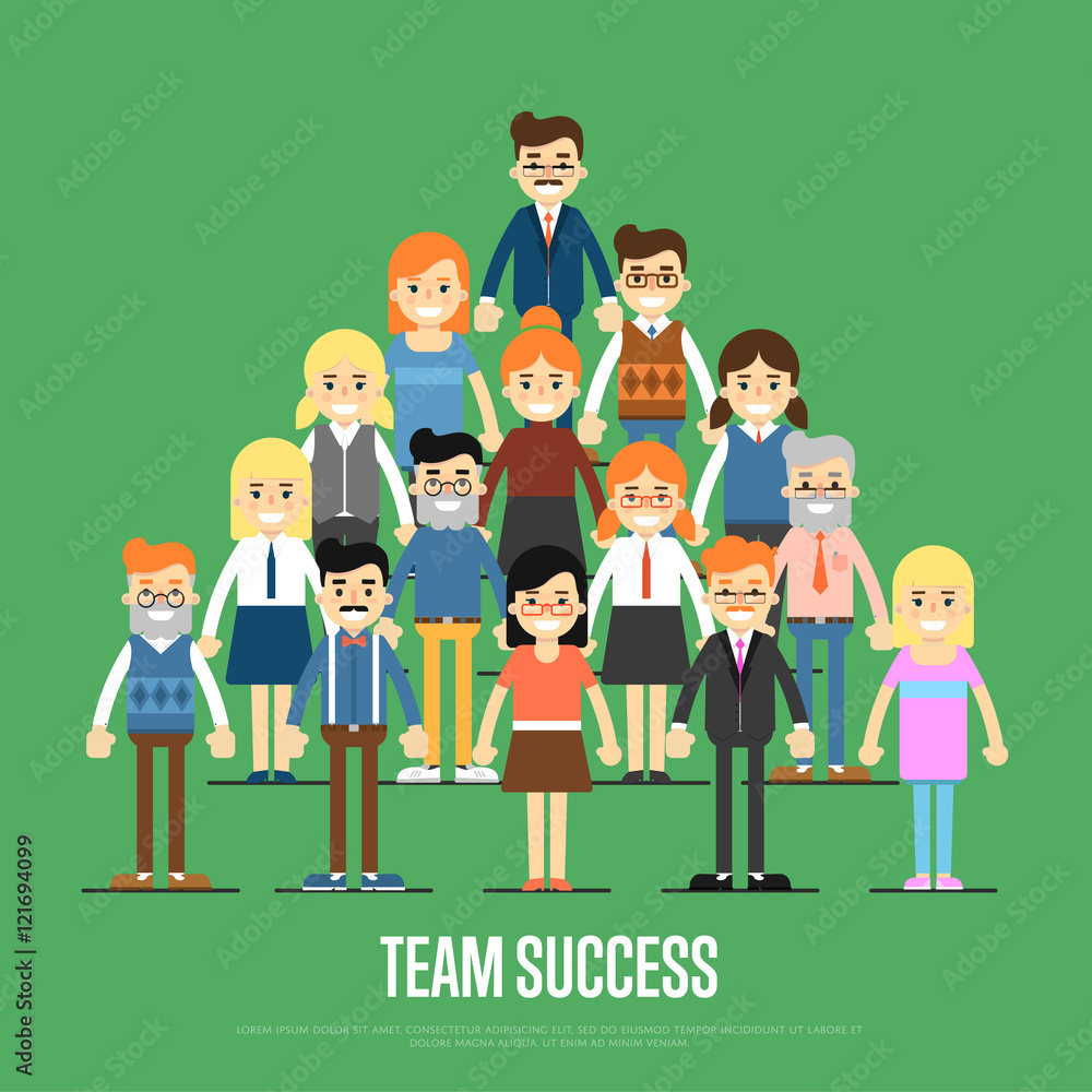 Group of smiling and young cartoon business people stand on green  background. Team success vector illustration. Teamwork concept.  Collaboration and partnership, working together. Business team Stock Vector  | Adobe Stock
