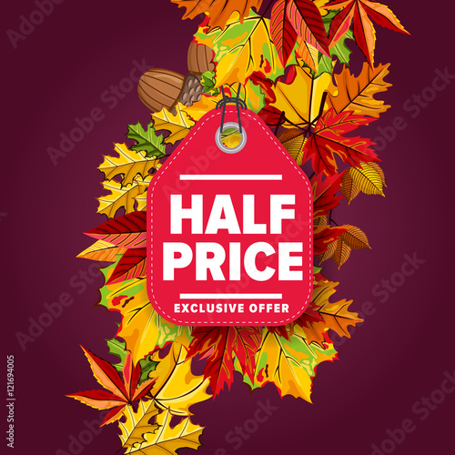 Autumn seasonal sale badge, vector illustration. Half price, exclusive offer label on purple background with colorful autumn leaves. Red price tag with white text. Autumnal discount.