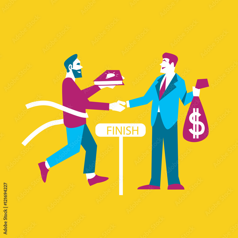Businessman exchanging his ideas to money, isolated vector illustration. From idea to realization and success concept on yellow background. Investing in innovation, modern technology. Teamwork design Businessman exchanging his ideas to money, isolated vector illustration. From idea to realization and success concept on yellow background. Investing in innovation, modern technology. Teamwork design