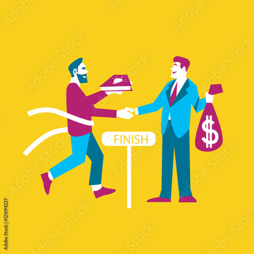 Businessman exchanging his ideas to money, isolated vector illustration. From idea to realization and success concept on yellow background. Investing in innovation, modern technology. Teamwork design