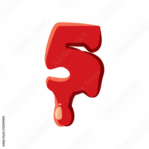 Five number isolated on white background. Red bloody five number vector illustration