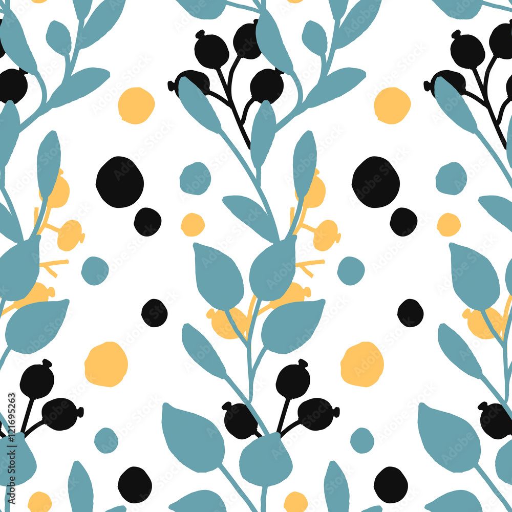 Fototapeta seamless vector hand drawn leaf and berry pattern design in black and blue colors