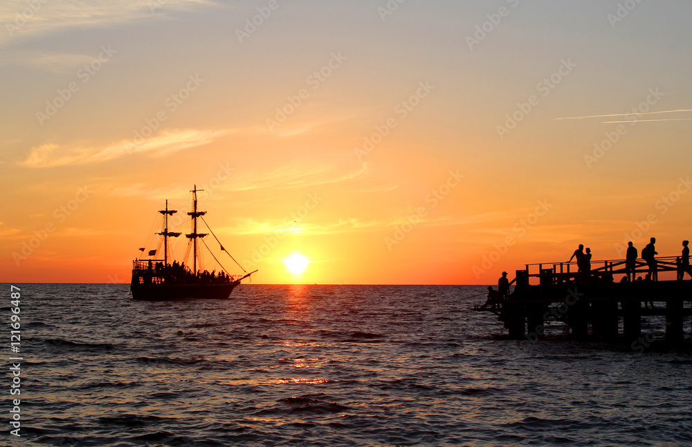 sailing ship vintage sea sunset pier