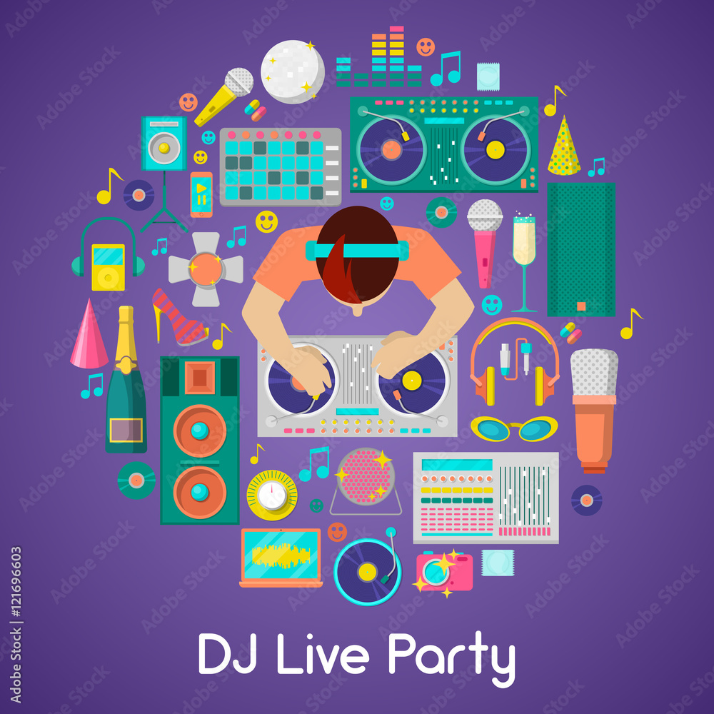 DJ Music Party Vector Icons Set with Musical Instruments DJ Music Party Vector Icons Set with Musical Instruments
