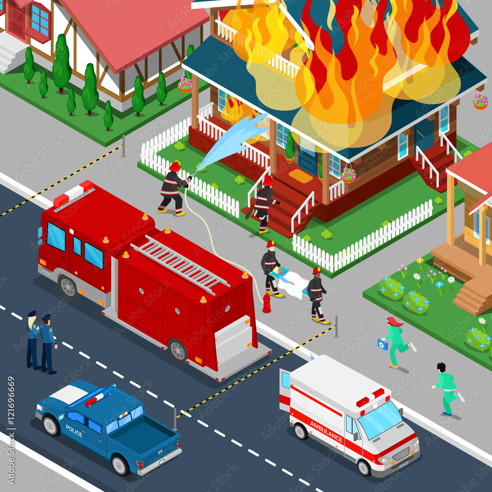 Firefighters Extinguish a Fire in House Isometric City. Fireman Helps Injured Woman. Vector 3d Flat illustration