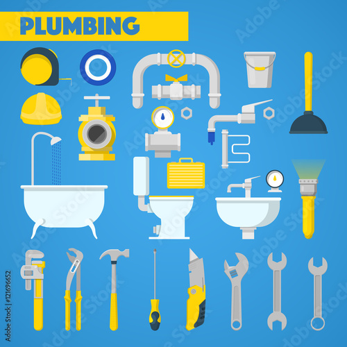 Plumbing Tools Set and Bathroom Elements. Vector Icons