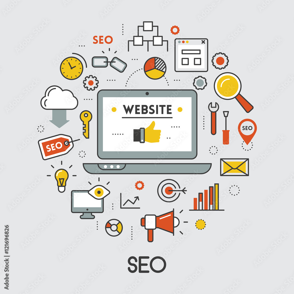 SEO and Development Thin Line Vector Icons with Laptop and Web Tools SEO and Development Thin Line Vector Icons with Laptop and Web Tools