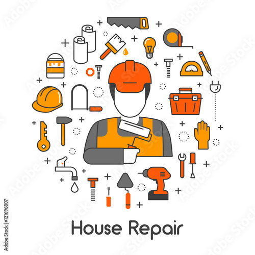 House Repair Renovation Line Art Thin Vector Icons Set with Repairman and Tools