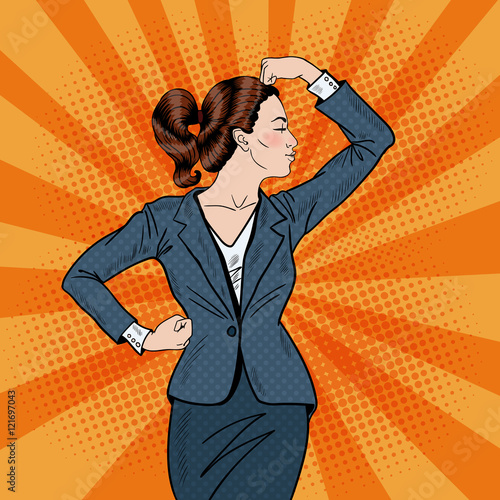 Pop Art Confident Business Woman Showing Muscles. Vector illustration