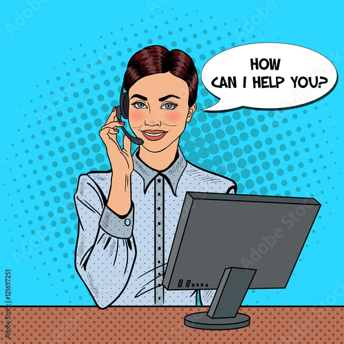 Pop Art Woman Operator Consulting Client on Hotline. Vector illustration