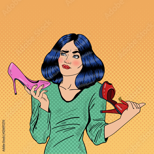 Young Pretty Pop Art Woman Making Choise on Shopping Between Shoes. Vector illustration