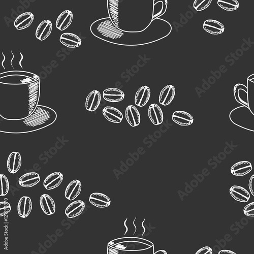 Seamless coffee pattern with coffee cup and coffee beans. Hand drawn illustration in sketch style on black background.