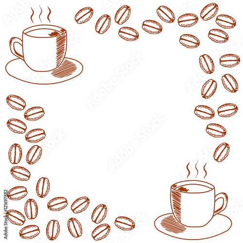 template for the invitation with mug of coffee and coffee beans on white background