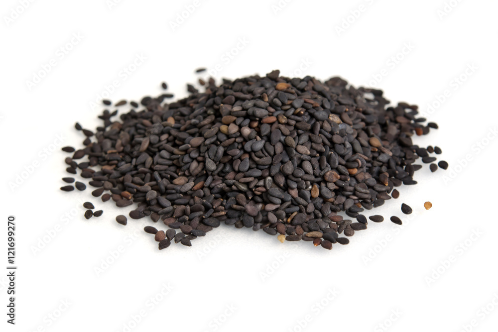Pile of black sesame seeds isolated on white background Pile of black sesame seeds isolated on white background