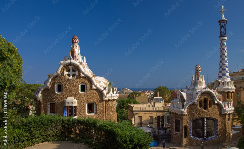 Beautiful colorful architecture at Antoni Gaudis' Park Guell, Barcelona, Spain, Europe