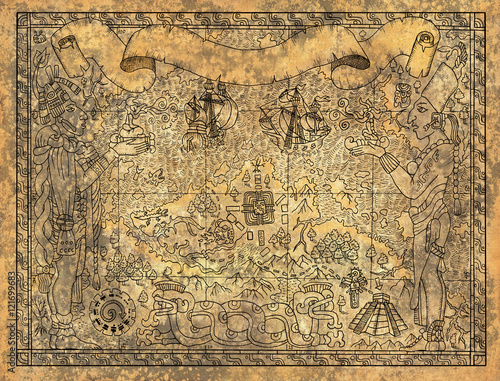 Ancient mayan or aztecs map with gods  old ships and temple 