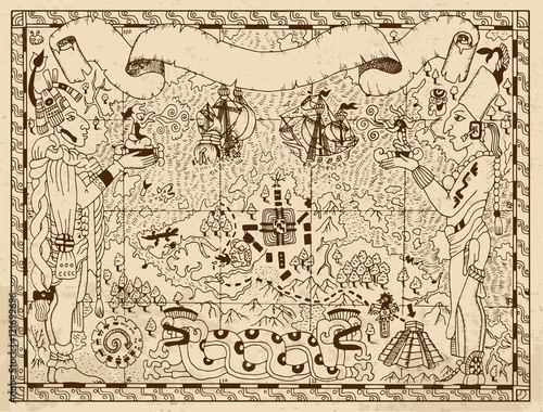 Old mayan, aztec or pirate map with two gods on paper background