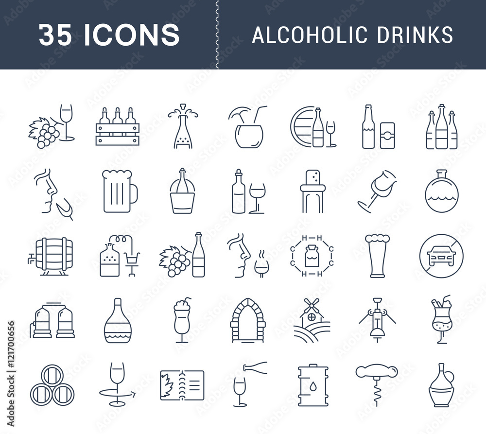Set Vector Flat Line Icons Alcoholic Drinks Set Vector Flat Line Icons Alcoholic Drinks
