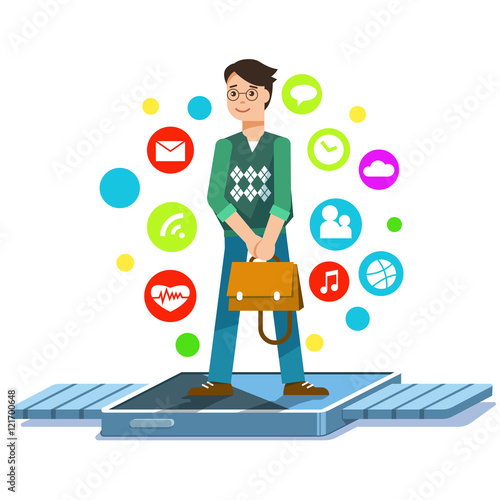 Vector illustration of smart watch fiat concept. Modern electronic device with apps icons. The use of modern electronic technology smart watch students or schoolchildren on white background
