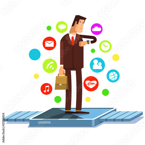 Vector illustration of smart watch fiat concept. Modern electronic device with apps icons. The use of modern electronic technology smart watch business people on white background