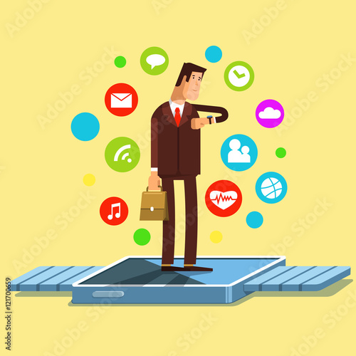Vector illustration of smart watch fiat concept. Modern electronic device with apps icons. The use of modern electronic technology smart watch business people