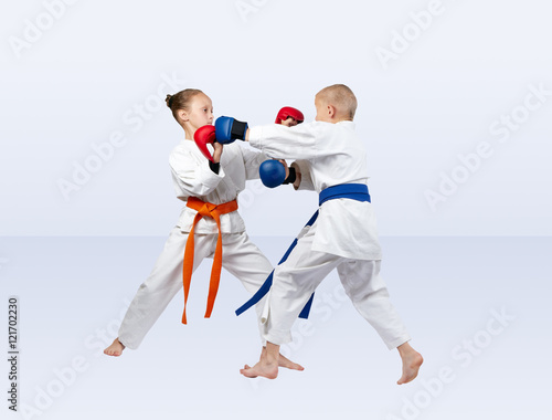 Karate sparring are training athletes in karategi
