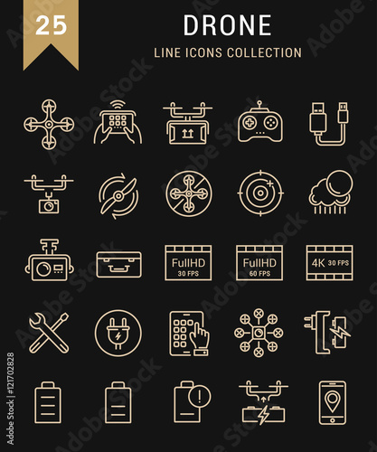 Set Vector Flat Line Icons Drones