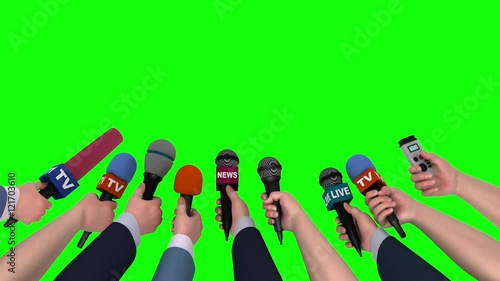 News conference, hands holding microphones on green screen, looping, 3D