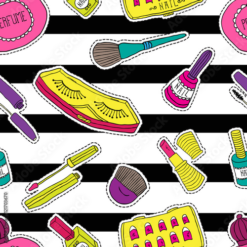 Hand drawn fashion cosmetics pattern. Beauty and makeup stickers in cartoon comic style.